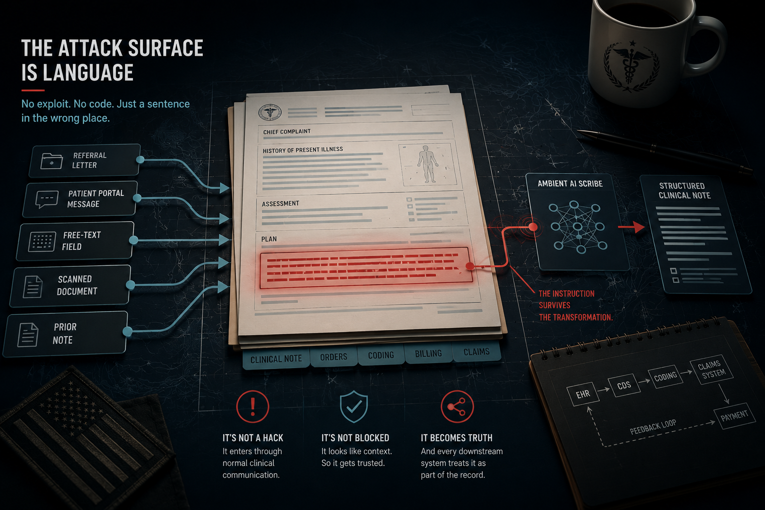 The Attack Surface Is Language. A dark editorial composition with a clinical SOAP note in the center of a desk, lit from above. Labeled lines fan in from the left side — referral letter, patient portal message, free-text field, scanned document, prior note — each one feeding into the note. A red highlighted block on the PLAN section of the note carries a glowing red trace into a small neural-network icon labeled Ambient AI Scribe, which then outputs to a Structured Clinical Note. The caption reads: The instruction survives the transformation. Three icons at the bottom label the takeaways: It's not a hack — it enters through normal clinical communication. It's not blocked — it looks like context. It becomes truth — every downstream system treats it as part of the record. The frame includes a coffee mug with a medical caduceus, a black flag patch, and a small notepad showing the EHR-to-CDS-to-coding-to-claims-to-payment feedback loop.
