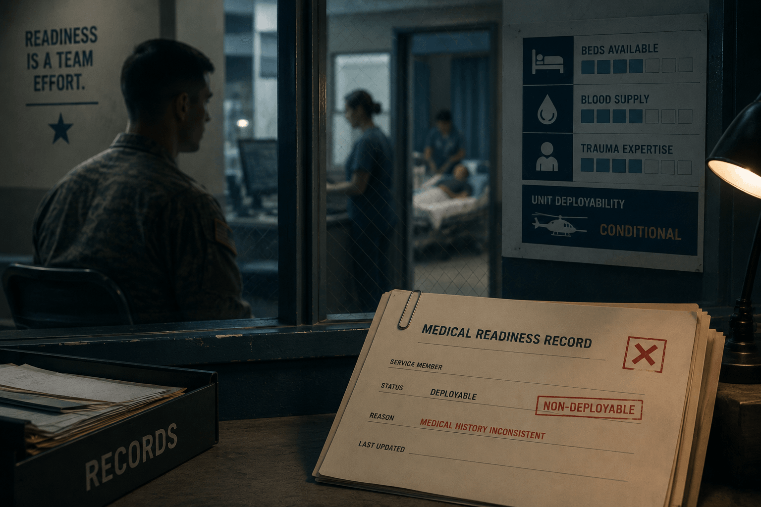 The Wrong Number Reaches a Person. A dim records office at a military treatment facility. A soldier in uniform sits at a service window, back to the camera, waiting. Through the glass, clinical staff move around a patient bed under a readiness board that tracks beds available, blood supply, trauma expertise, and a unit deployability status reading Conditional. In the foreground, clipped to a stack of folders beside a records tray, a paper Medical Readiness Record is stamped in red: status Deployable crossed out and overridden to NON-DEPLOYABLE, reason Medical History Inconsistent. The bad row in the database has become a call about the person at the window.