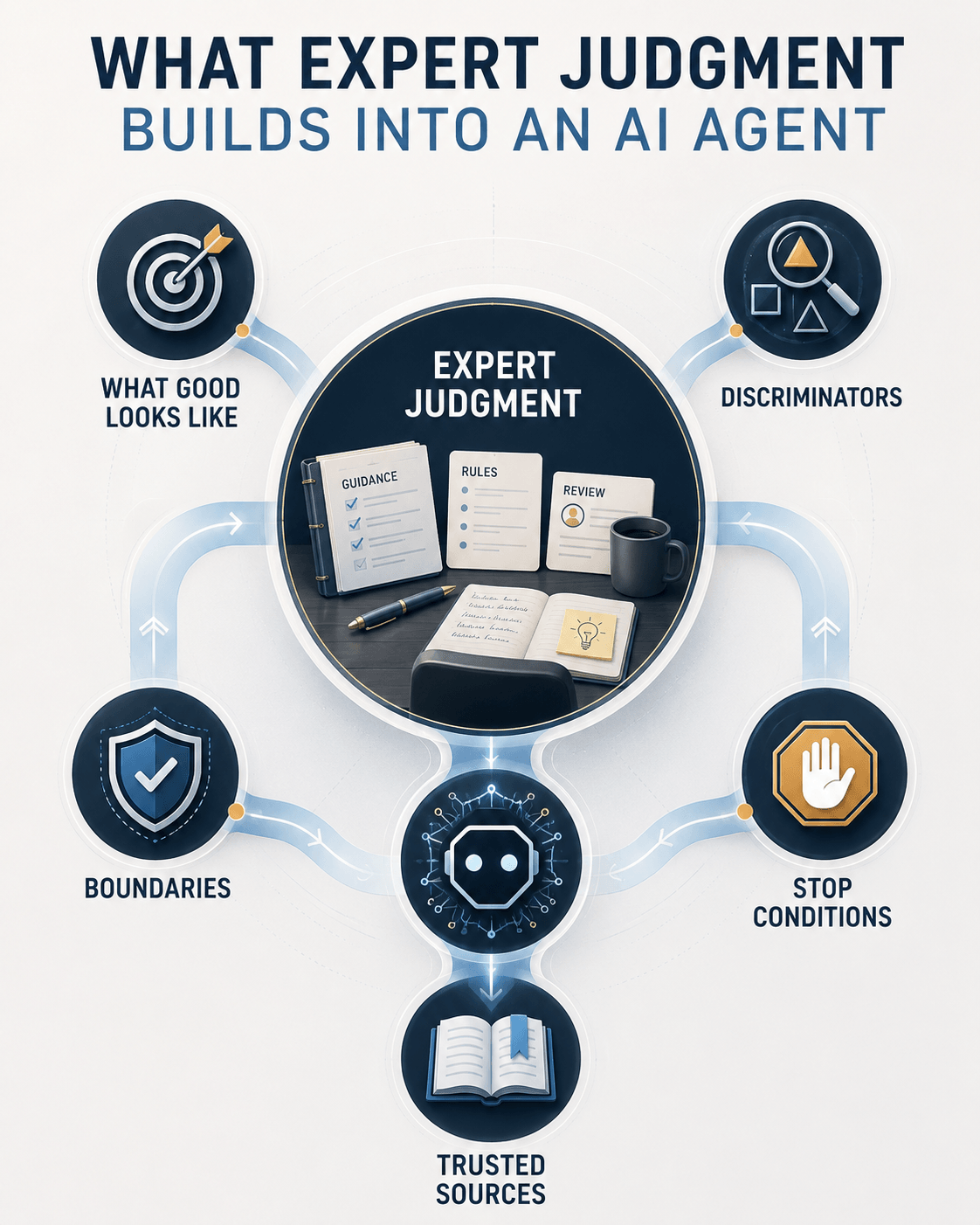 What expert judgment builds into an AI agent. A hub-and-spoke diagram. At the center sits expert judgment — the guidance, rules, and review notes of a working professional — feeding five things into the agent below: what good looks like, the discriminators, the boundaries, the stop conditions, and the trusted sources it is allowed to reason over.