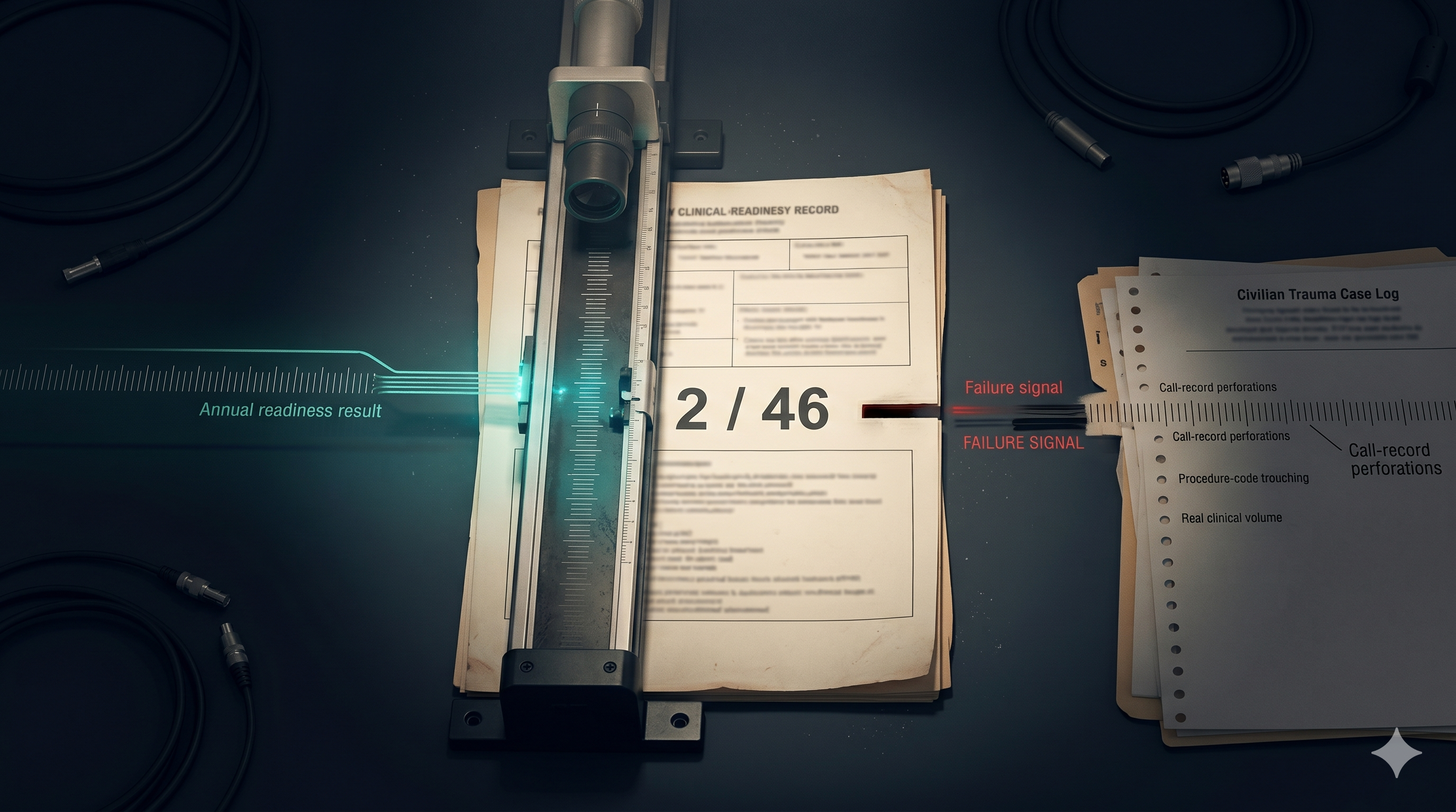 Two of forty-six. A clinical readiness record sits under a precision measuring rig, the result reading 2 / 46. An annual readiness result feeds in from the left along a teal track; a red failure signal runs out the right side to a civilian trauma case log marked with call-record perforations.